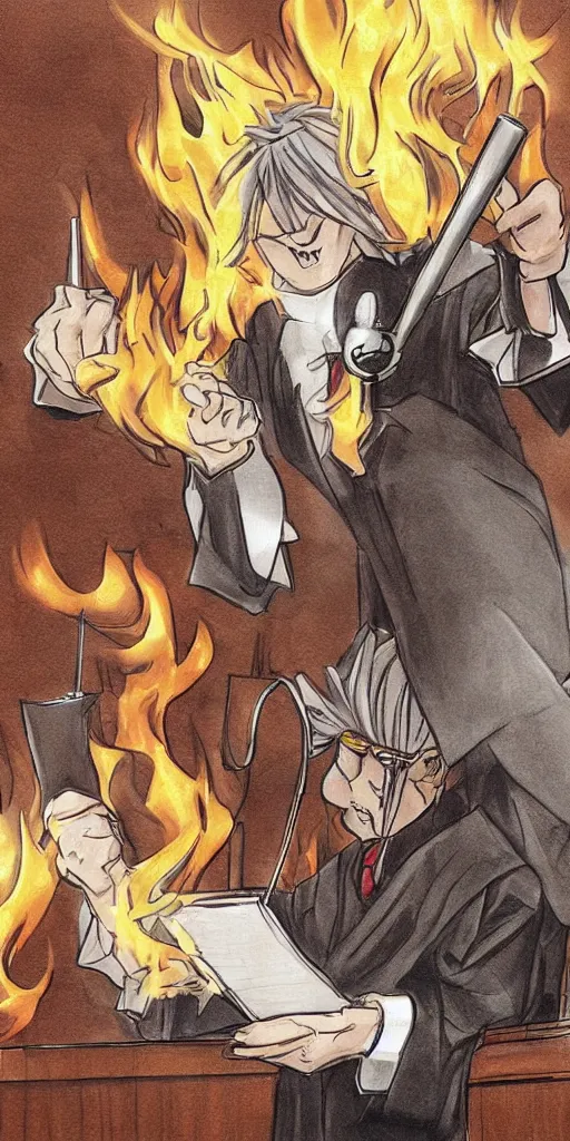 Prompt: powerful anime judge with a magic gavel on fire, in a court room with a justice scale on his desk, drawn by a famous anime artist, high quality, fine lines, amazing detail. colored