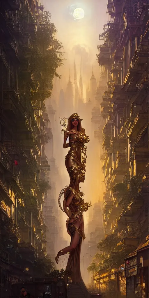 Image similar to golden ornate goddess looking at a hyper realistic cyberpunk city, busy crowded market street overtaken by lush plants, full moon, light rays, gnarly trees by tom bagshaw, mucha, gaston bussiere, craig mullins, j. c. leyendecker 8 k