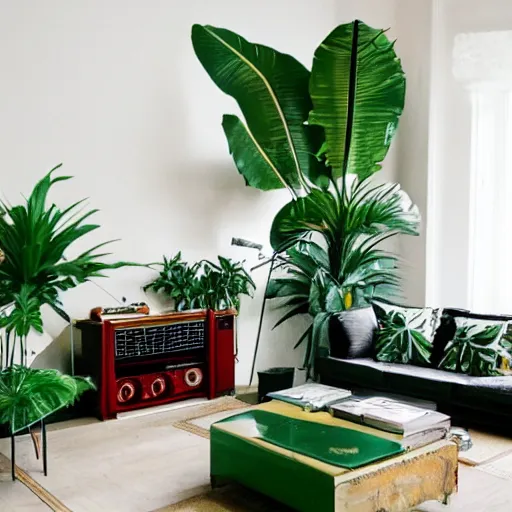 Image similar to a large room with tropical plants and musical equipment, minimal style