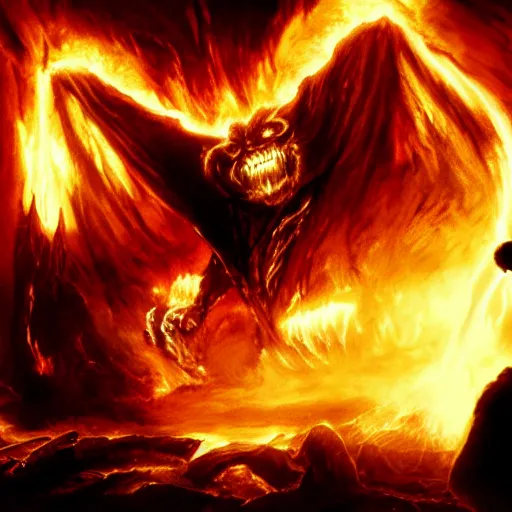 Image similar to burning balrog from lord of the rings sitting behind desk looking at computer screen