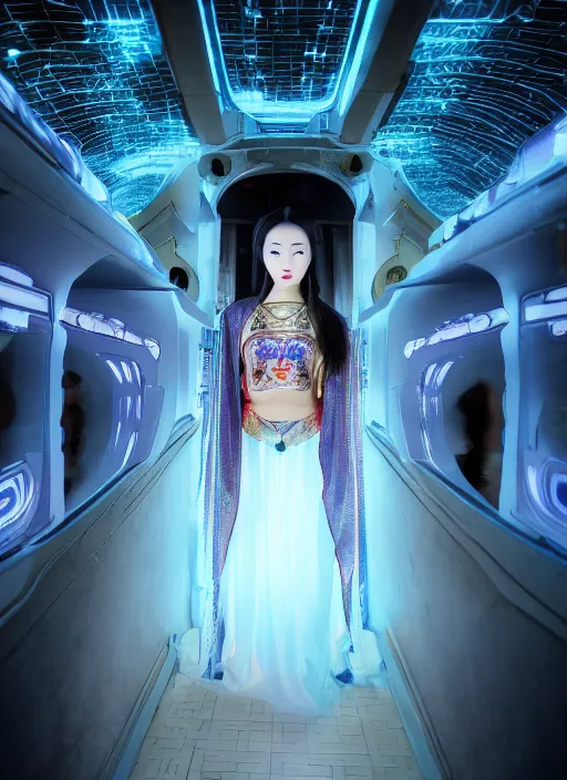 Prompt: photo shoot pose photo of beautiful Chinese ancient princess standing in the corridor in the space ship, symmetrical face, big eyes and lips, looking down, subtle makeup, clean face and body skin,ecstatic expression, ornamental jewelry and ancient translucent clothes, futuristic space ship interrior, wires with lights,depth of field, lens flares, dust in the air, moody lighting, intricate, elegant, highly detailed, centered, smooth, sharp focus, Donato Giancola, Joseph Christian Leyendecker, WLOP, Boris Vallejo, Artgerm moody photography, old photo, black and white, sepia, cinematic lighting, cinematic angle, editorial photography