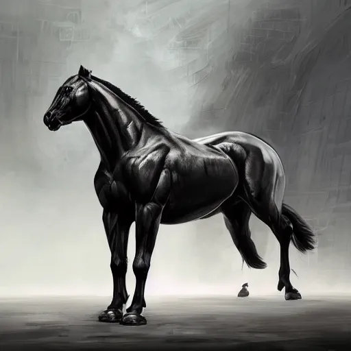 Image similar to an exaggeratedly muscular anthropomorphized black - coated horse with a magnificently muscular physique wearing tight kevlar outfit standing in a facility, long white mane, proportionally enormous arms, equine, anthro art, furaffinity, highly detailed, digital painting, artstation, concept art, illustration, art by artgerm, greg rutkowski, ruan jia