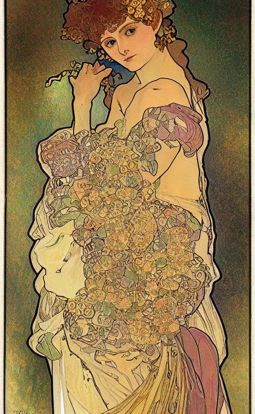 Prompt: a combination of the art styles of Alphonse Mucha and Gustav Klimt, faded colors