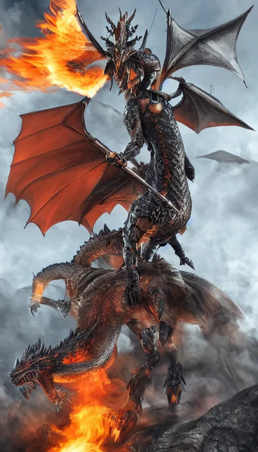 Image similar to photo of a Valkyrie in full armor riding a menacing looking fire breathing dragon, highly detailed, 8K, remove watermarks.