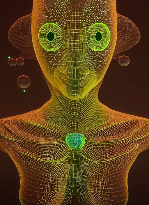 Image similar to 3 d goddess medium shot profile portrait. beautiful intricate highly detailed mask made entirely of bubbles and futuristic iridescent skin. dragonfly, 🪲, phosphorescence, water, reflections, creature, artwork by yayoi kusama, tooth wu and wlop and beeple and greg rutkowski, in the style of hudson river school,