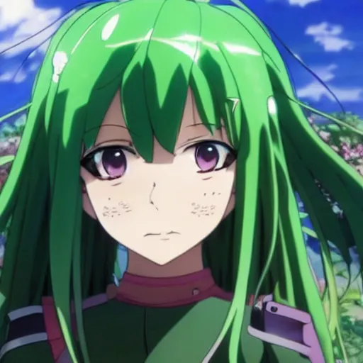 Image similar to anime key visual of a girl with a green outfit green hair and green eyes fascinated by a green paradise ; official media ; 4 k hd ; high quality ; in the rising of the shield hero ( 2 0 1 9 ), apex legends,