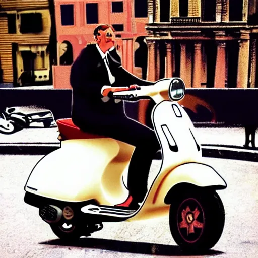 Prompt: a drunk man on a Vespa CGI 90s comedy album cover. Christian Vespa pop album cover.