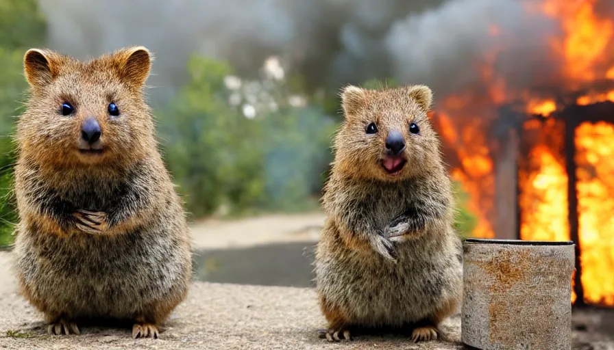 Prompt: Happy quokka in front of a burning house,