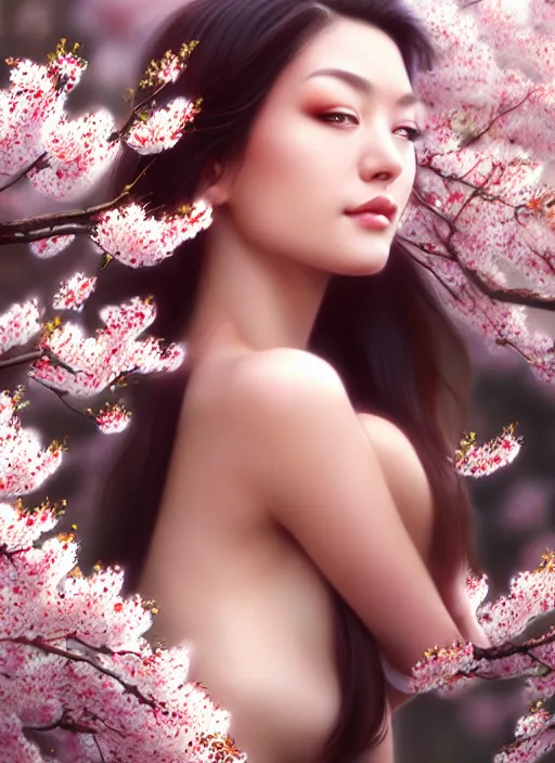 Image similar to photo of a gorgeous female in the style of stefan kostic, realistic, half body shot, sharp focus, 8 k high definition, insanely detailed, intricate, elegant, art by stanley lau and artgerm, extreme blur cherry blossoms