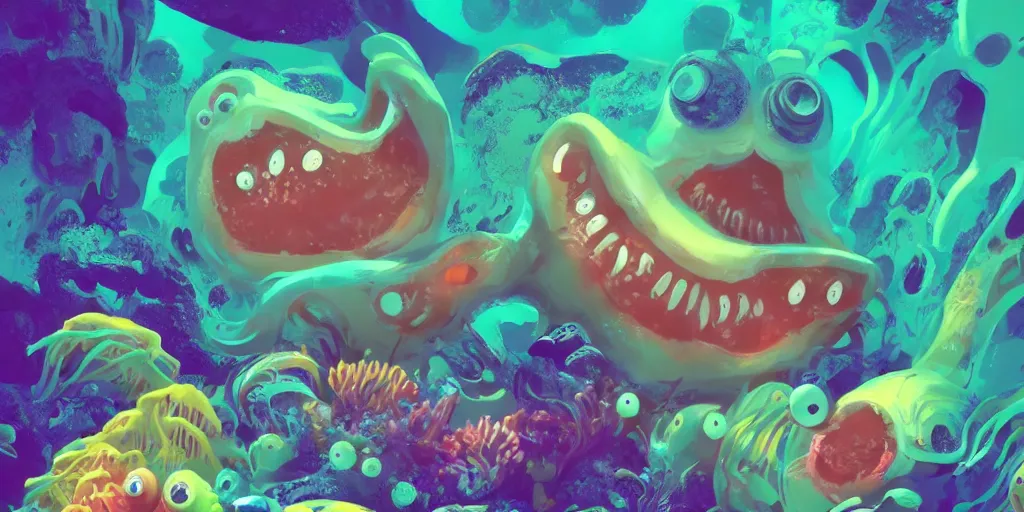 Image similar to of a colorful deep sea under water with strange cute friendly happy creatures with huge eyes, mouth, long tongue and round teeth appearing from sandy coral, in the style of gehry and gaudi, macro lens, shallow depth of field, ultra detailed, digital painting, trending artstation, concept art, illustration, cinematic lighting, photorealism, epic, octane render