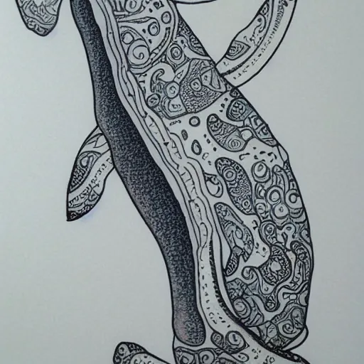 Image similar to spermwhale, white whale, cachalot, awardwinning elegant modern tattoo design, peyote colored sketch, white background
