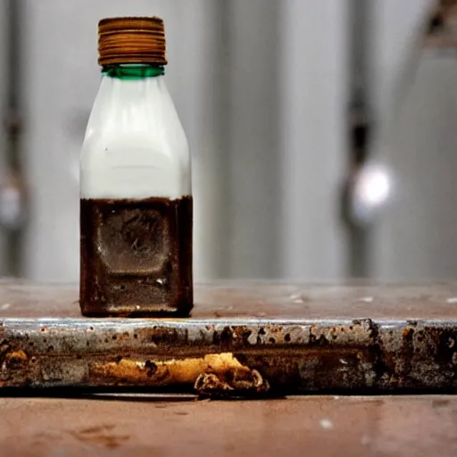 Image similar to bottle of milk, over a rusted metal table inside a jail cell in a slaughterhouse