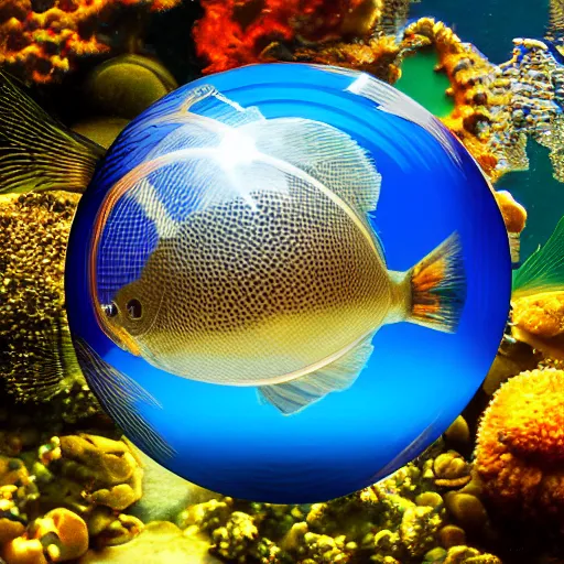 Image similar to photo of fish swimming inside a transparent sphere, high detail, 4k, complex