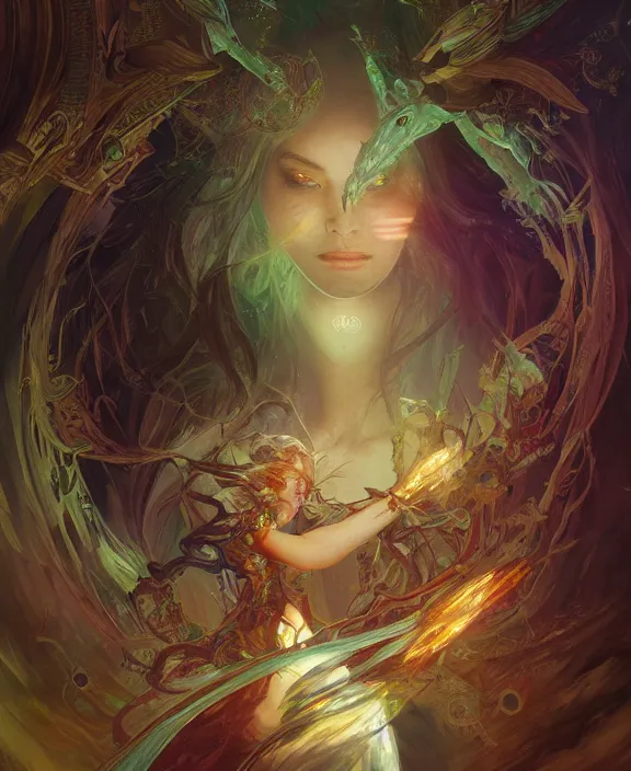 Image similar to a whirlwind of souls rushing inside the metaverse, half body, glowin eyes, insect, lizard, d & d, fantasy, intricate, elegant, highly detailed, colorful, vivid color, digital painting, artstation, concept art, art by artgerm and greg rutkowski and alphonse mucha and ruan jia