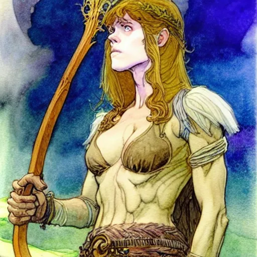 Image similar to a realistic and atmospheric watercolour fantasy character concept art upper body image of a young jane fonda in her 2 0 s posing as a druidic warrior wizard looking at the camera with an intelligent gaze by rebecca guay, michael kaluta, charles vess and jean moebius giraud