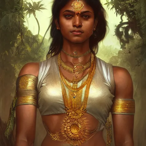 Image similar to muscular south indian woman, sari, ultra realistic, concept art, intricate details, eerie, horror, highly detailed, photorealistic, octane render, 8 k, unreal engine. art by artgerm and greg rutkowski and alphonse mucha