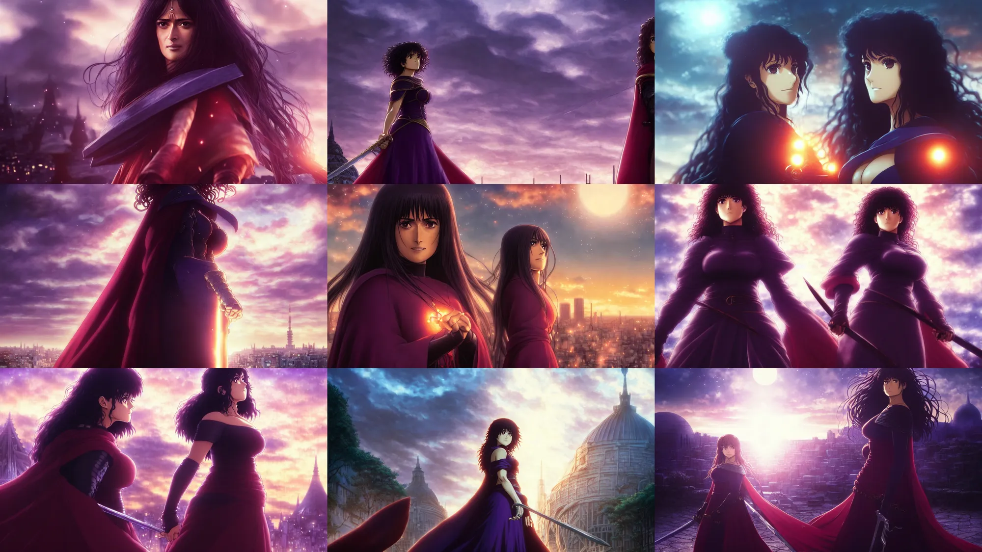 Prompt: medium portrait salma hayek in berserk movie, detailed face, violet evergarden, tokyo, ufotable, key visual, cinematic, city background, night time, street, fate stay night, unlimited blade works, greg rutkowski, high resolution, street clothes, anime, high budget