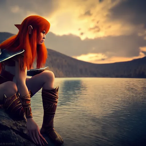 Image similar to beautiful female redhead elf warrior wearing armor, sitting next to a beautiful lake at sunset, enjoying the wind, looking at the water. 8k ultra realistic, award winning, unreal engine 5, masterpiece, atmosphere glow, hyperrealistic, focused, extreme details, cinematic