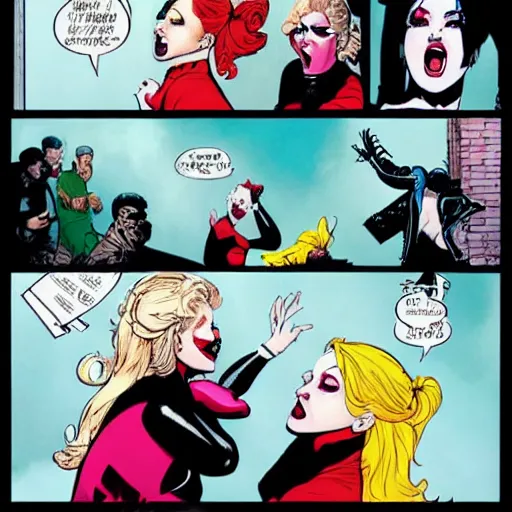 Prompt: in the style of rafael albuquerque comic art, harley quinn and cyndi lauper arguing about who wants to have more fun.