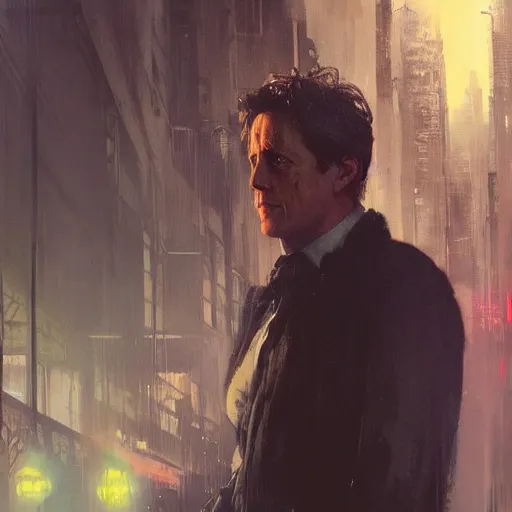 Image similar to hugh grant, hyperrealistic portrait, bladerunner street, art of elysium by jeremy mann and alphonse mucha, fantasy art, photo realistic, dynamic lighting, artstation, poster, volumetric lighting, very detailed face, 4 k, award winning