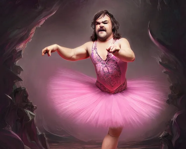 Image similar to photography of jack black dancing in a pink ballerina outfit, full body shot, deep focus, d & d and mtg, fantasy, intricate, elegant, highly detailed, digital painting, artstation, concept art, matte, sharp focus, illustration, hearthstone, art by artgerm and greg rutkowski and alphonse mucha