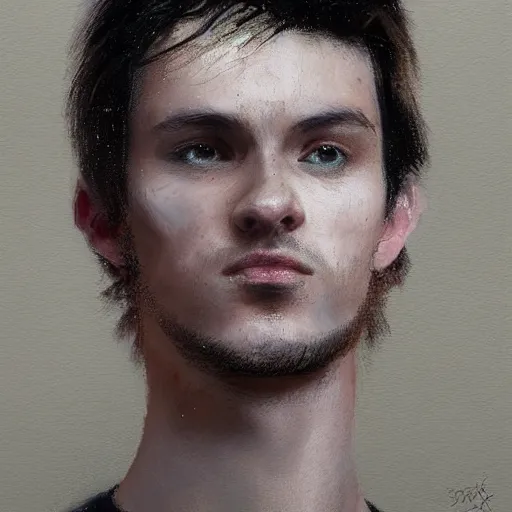 Image similar to Portrait of a man by Greg Rutkowski, he is about 20 years old, mixture between french and spanish, short brown hair with bangs, manly, attractive, wide forehead, sturdy, he is horrified but resigned looking at the computer screen knowing the schedule for the second semester, he is wearing a black t-shirt, highly detailed portrait, dystopian, digital painting, artstation, concept art, smooth, sharp foccus ilustration, Artstation HQ