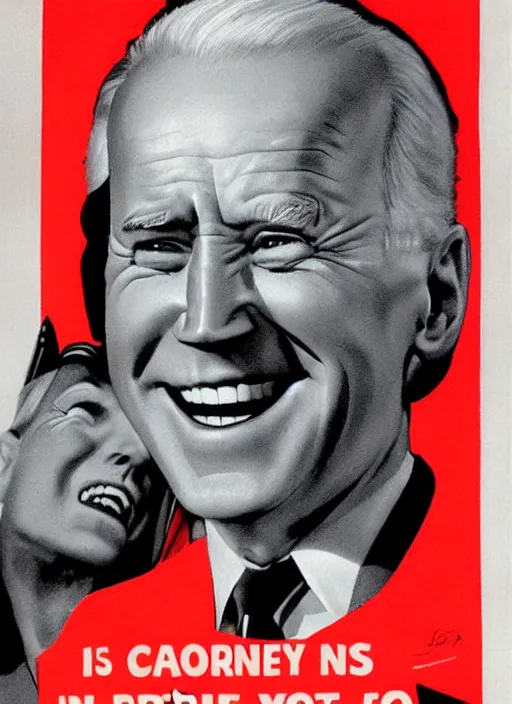 Image similar to creepy joe biden staring directly at you ominously with an eerie comically big scary smile, 1940s scare tactic propaganda art