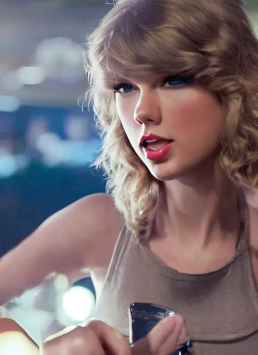 Image similar to a close - up, color cinema film still of a taylor swift as a waitress at hooters, cinematic lighting at night.