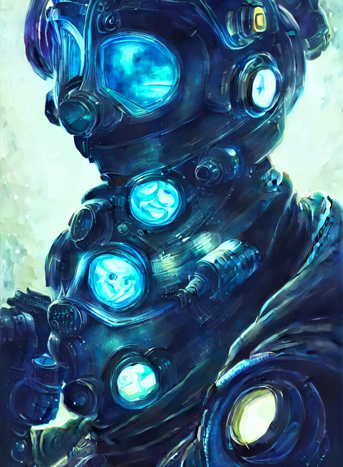 Prompt: ymmetry portrait of a cyberpunk diver, sci - fi, tech wear, glowing lights intricate, elegant, highly detailed, digital painting, artstation, concept art, smooth, sharp focus, illustration, art by artgerm and greg rutkowski and alphonse mucha