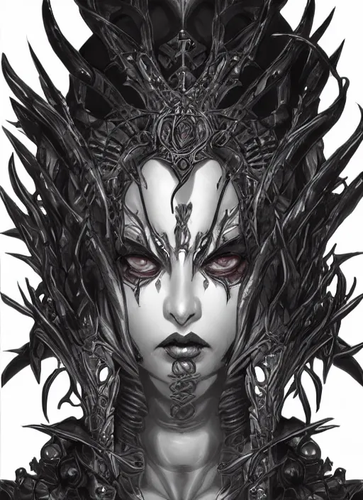 Prompt: a detailed face portrait of the queen of blades, diablo 4 lilith, by yusuke murata, by hiroya oku, trending on artstation