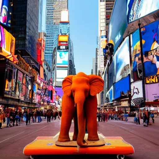 Prompt: an orange elephant on a skateboard in times square at night