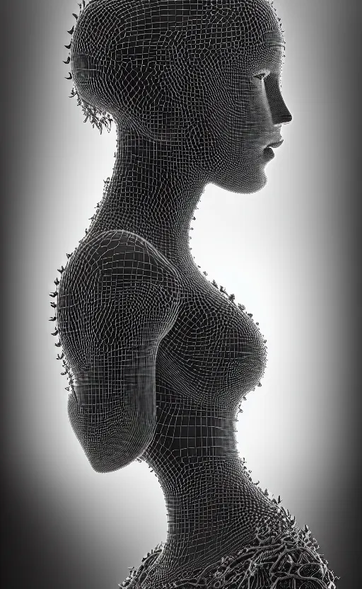 Prompt: black and white complex 3d render of a beautiful profile woman face, vegetal dragon cyborg, 150 mm, beautiful natural soft light, moon rays, silver details, magnolia stems, roots, fine lace, maze like, mandelbot fractal, silver metallic armour, anatomical, facial muscles, cable wires, microchip, elegant, highly detailed, rim light, octane render, H.R. Giger style