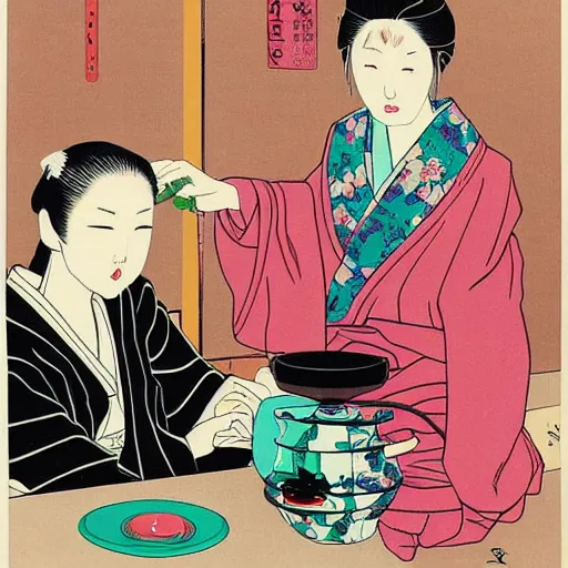 Image similar to Japanese beauty wrapped in a snake having tea with her husband by Toshio Saeki, high detailed