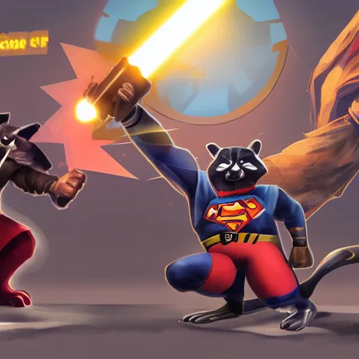 Prompt: Raccoon-superman fighting against darth-raccoon on a kirby-themed super-smash-bros-level, super highly detailed, professional digital painting, artstation, concept art, smooth, sharp focus, no blur, no dof, extreme illustration, Unreal Engine 5, Photorealism, HD quality, 8k resolution, cinema 4d, 3D, beautiful, cinematic, art by artgerm and greg rutkowski and alphonse mucha and loish and WLOP