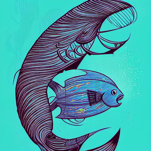 Image similar to a single highly stylized fish in the ocean, viewed in profile, closeup, seaweed, sparkles, artstation, intricate, highly detailed, digital painting, concept art, sharp focus, illustration by tom whalen and charles williams and kilian eng and james jean