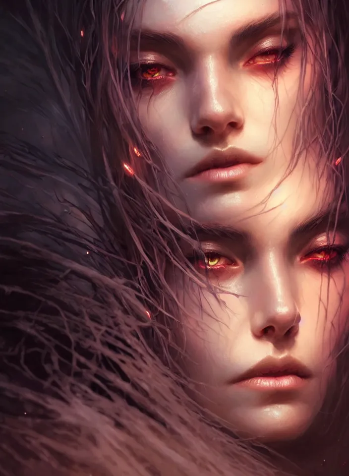 Image similar to Necromancer Sorceress face close-up macro in center, fantasy magic, undercut hairstyle, dark light night, intricate, elegant, sharp focus, illustration, highly detailed, digital painting, concept art, matte, art by WLOP and Artgerm and Greg Rutkowski and Alphonse Mucha, masterpiece