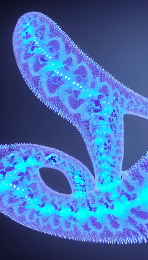 Image similar to 8 k uhd houdini recursive dna fractal structure, background bioluminescent swirling smoke wisps, natural palette, volumetric lighting, 1 8 mm lens