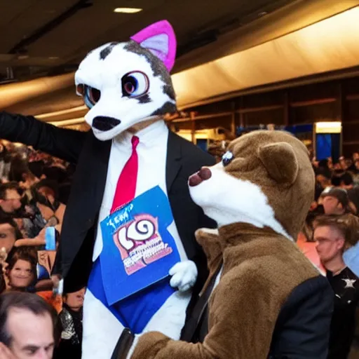 Prompt: Ben Shapiro wearing a fursuit at a furry convention