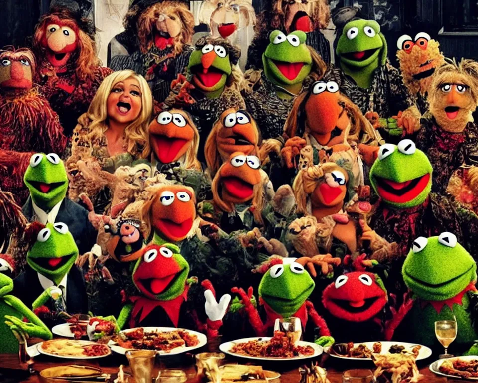 Prompt: A horror movie poster featuring muppets sitting at a dinner table