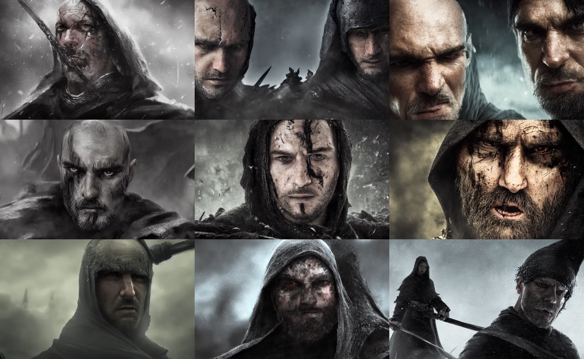Prompt: close up cinematic artwork of balding man in his late 4 0 s with black colored eyes and wearing a black cloak, fighting in battle against an army of warriors by greg rutowski, 4 k, fantasy, masterpiece