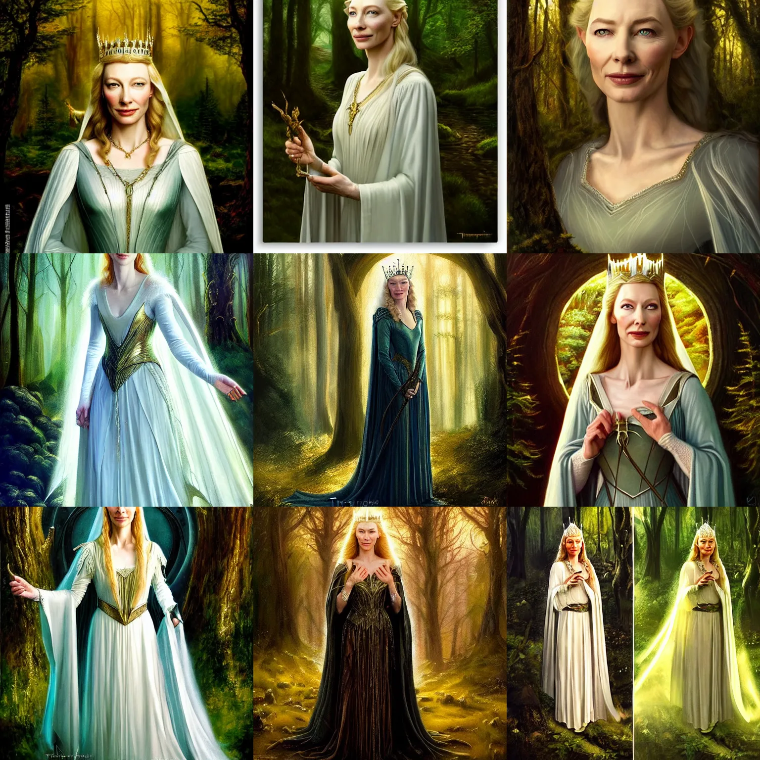 Prompt: Lady Galadriel as a queen with a slight smile, who looks similar to young Cate Blanchett. The background is a european forrest. cinematic lighting, mystic, lumnious, highly detailed, dreamlike, atmospheric, oil painting by Thomas Phillips