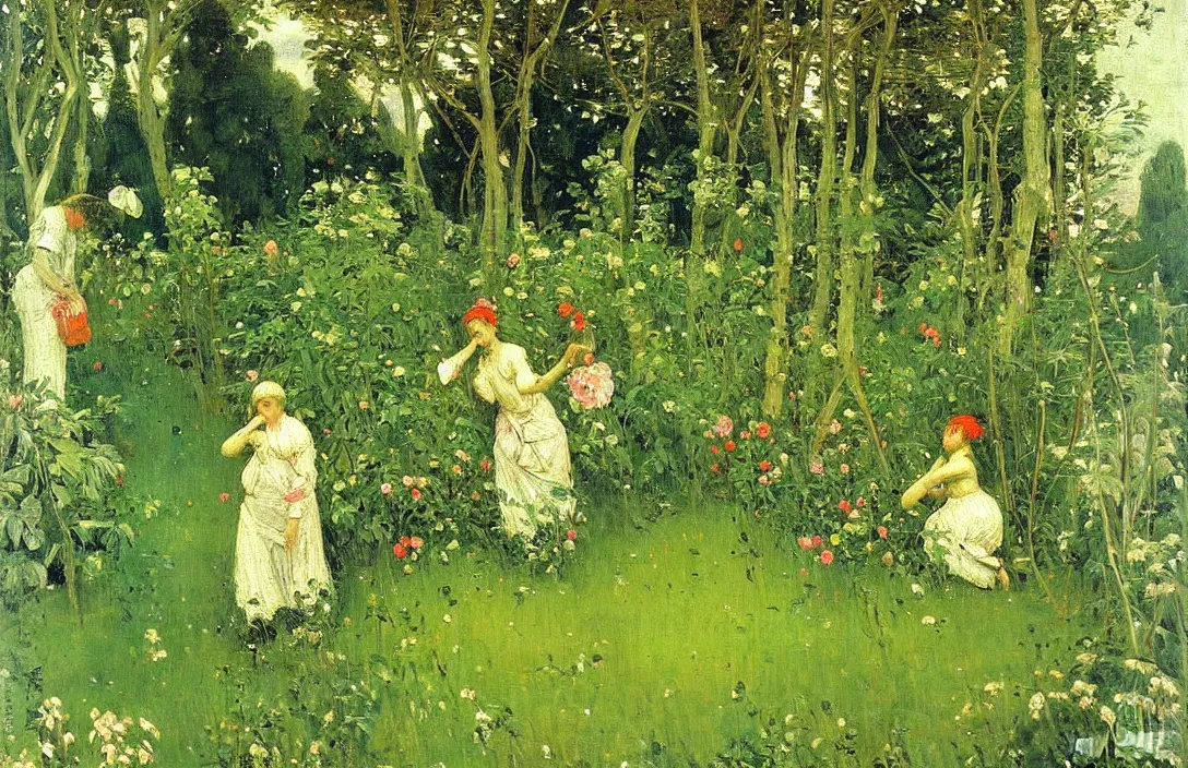 Prompt: garden idyll surviving painting emerging from lush greenery value contrast is used to focus our attention on the subject complexion painting by victor vasnetsov