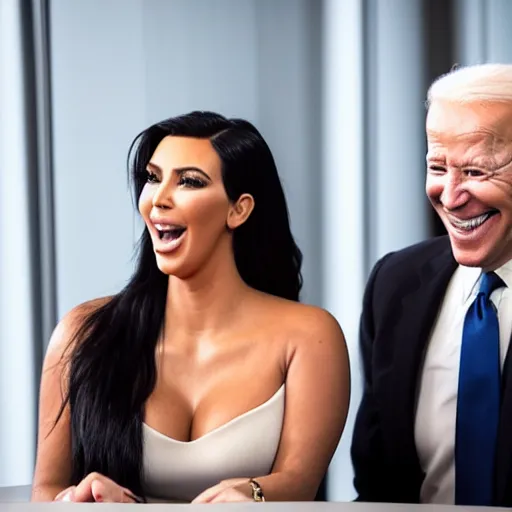 Image similar to stock photo of kim kardashian, and joe biden wearing suits and ties laughing in an office building, 8k resolution, full HD, cinematic lighting, award winning, anatomically correct