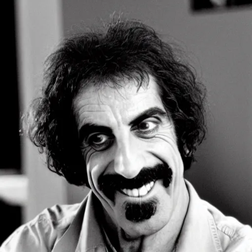 Prompt: frank zappa smiles ( shyly ) in the movie 2 0 0 1
