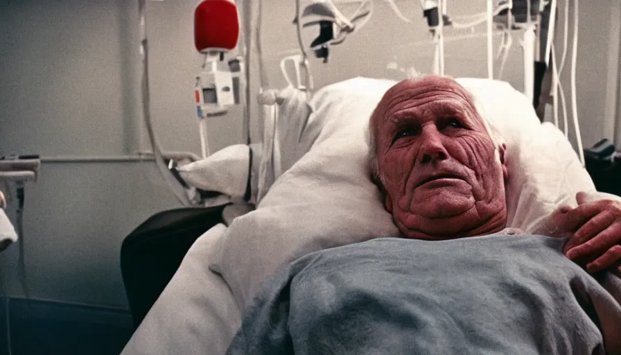 Image similar to 7 0 s movie still of a old man with a head on the chest in the hospital, cinestill 8 0 0 t 3 5 mm eastmancolor, heavy grain, high quality, high detail
