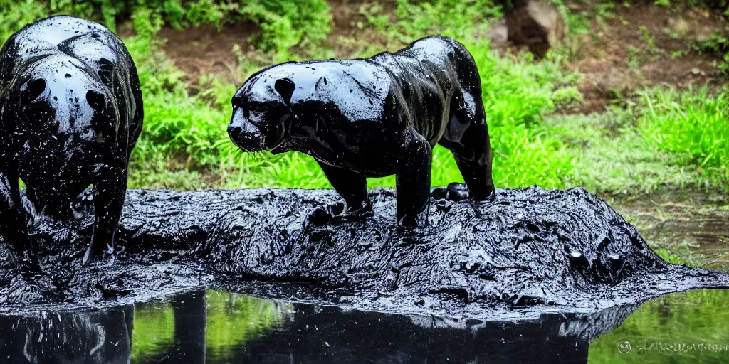 Image similar to the smooth black jaguar, made of smooth black goo, bathing in the black goo moat in the zoo exhibit, viscous, sticky, full of black goo, covered with black goo, splattered black goo, dripping black goo, dripping goo, splattered goo, sticky tar. photography, dslr, reflections, black goo, zoo, exhibit