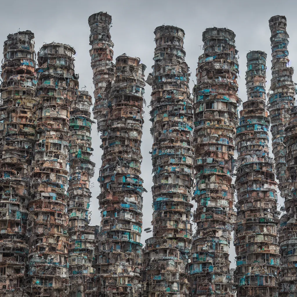 Image similar to circular towers, made up of makeshift squatter shacks with faded colours, dystopia, sony a 7 r 3, f 1 1, fully frontal view, photographed by jeanette hagglund and terry gilliam