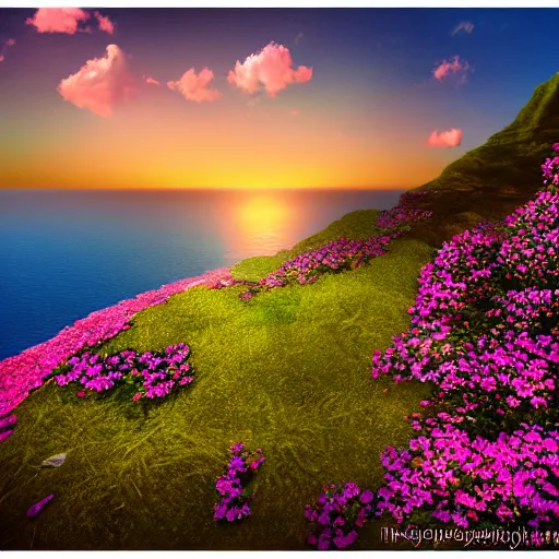 Image similar to flower on the edge of a cliff, cliff edge, colorful flower, sunset, muted color palette, concept art, high detail, dramatic angle