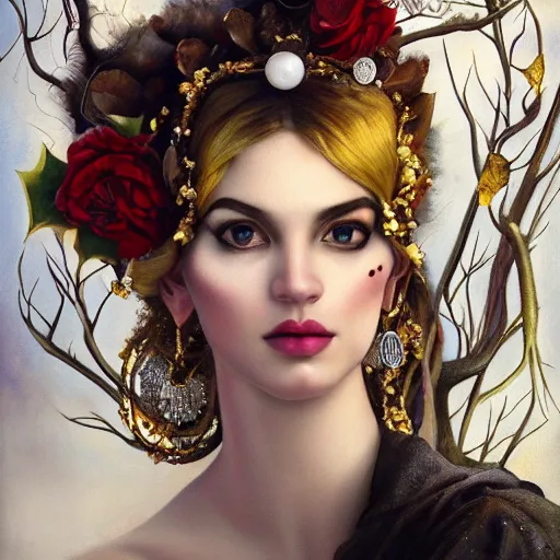 Prompt: dynamic composition, a painting with white hair of ( thin winter tree branches )!! and ( holly branches ) wearing ornate earrings, ornate gilded details, a surrealist painting by tom bagshaw and jacek yerga and tamara de lempicka and jesse king, featured on cgsociety, pop surrealism, surrealist, dramatic lighting, wiccan, pre - raphaelite