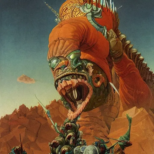 Image similar to portrait of immense, majestic, surreal, terrifying yosh from nintendo standing triumphant over the city, perfectly clear face, by j. c. leyendecker, bosch, and beksinski